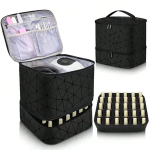 Double Layer Portable PU Cosmetic Bag Large Capacity Nail Polish Storage Organizer Waterproof Travel Makeup Handbag