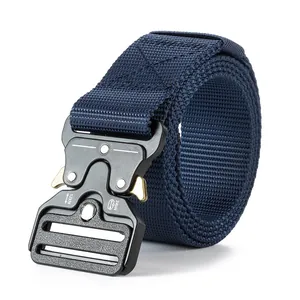 Navy blue tactical nylon belt featuring a quick-release heavy-duty metal buckle