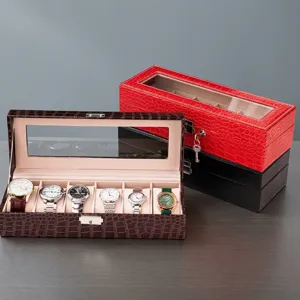 Scatola per Orologi in Pelle con Motivo Coccodrillo Organizzatore per Custodia per Orologi Multislot con Finestra Trasparente e Serratura in Metallo