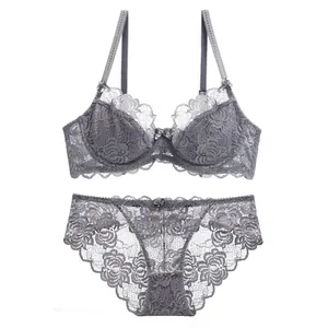 Set reggiseno e slip in pizzo grigio trasparente con spalline regolabili sottili