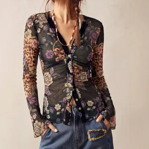 Elegant vintage floral leopard print mesh slim fit long sleeve blouse for women's wear