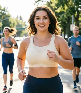 High-impact plus size beige sports bra for women running and fitness outdoors