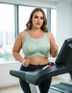 Detailed view of high impact shockproof mint green sports bra for women on treadmill