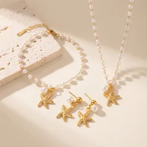 Set di Gioielli con Perle Sintetiche e Stella Marina Stile Oceano in Acciaio al Titanio Collana Bracciale Orecchini Donna