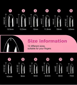 Tableau des tailles pour 12 tailles d'ongles artificiels transparents en forme d'amande