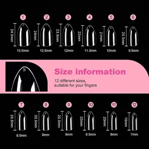 Guide des tailles pour faux ongles amande transparents avec 12 dimensions pour l'ajustement.