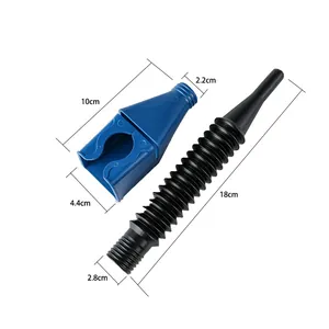Portable plastic oil funnel set with flexible bellows tube and clear dimension markings.