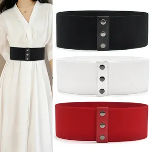 Wide elastic corset belt detail showing black, white and red color variations and metal snaps.