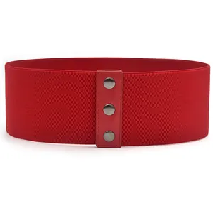 Close-up detail of the red wide elastic waist belt featuring a leather-like center tab.