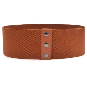 Brown wide elastic waist belt detail, stretchy fabric with front PU panel and metal snaps.