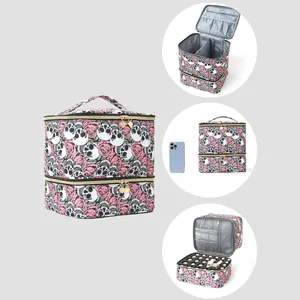 Borsa per Trucco Portatile a Doppio Strato di Grande Capacità Organizer per Conservazione Cosmetici da Viaggio Con Porta Smalto per Unghie Motivi Multipli