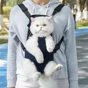 Atmungsaktiver Vorder-Haustierrucksack mit Netzdesign und verstellbaren Gurten für Katzen und Hunde.