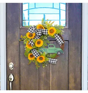 Couronne de tournesol de printemps avec camionnette et ruban écossais pour porte
