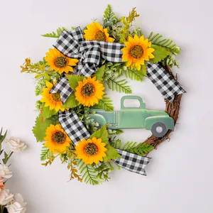 Lente Zonnebloem Auto Krans Voordeur Hangende Decoratie Buffalo Ruit Strik Rattan Guirlande Boerderij Muur Hek Ornament