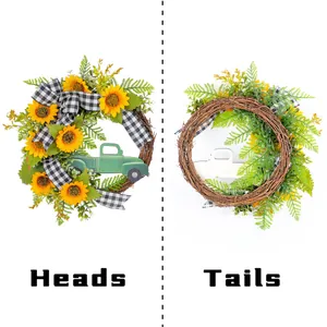 Zonnebloem Krans Voor- en Achterkant Lente Deur Decoratie met Zwarte Ruitjes Strik