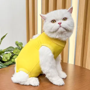 Soft cat recovery suit yellow anti-licking post surgery onesie breathable pet clothes for cats
