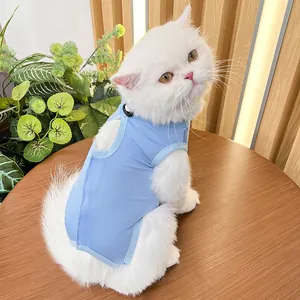 Blue cat recovery suit detail, soft breathable post-surgery wear for cats, anti-licking pet clothes.