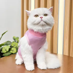 Cute white cat wearing a soft pink pet post-surgery suit for daily comfort and recovery care.