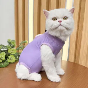 Cat recovery suit detail showing soft stretch purple fabric for after surgery care.