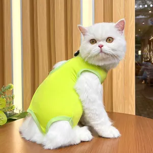 Comfortable green pet recovery suit for cats after surgery, breathable and elastic cat clothes.