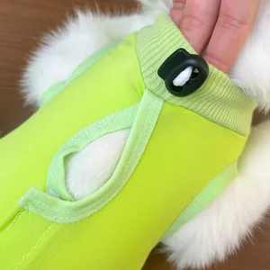 Close-up view of pet cat surgical recovery suit featuring adjustable drawstring and harness opening.