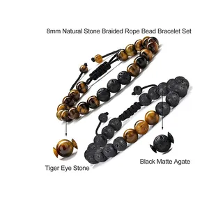 Detailed view of 8mm natural tiger eye and black matte stone beaded bracelet set