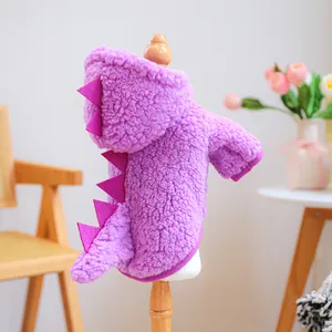 Purple plush dinosaur dog hoodie for small pets winter warm cute fleece pet apparel