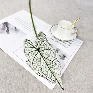 Artificial Caladium leaf detail shot, realistic white leaf with green veins, home decor plant.