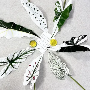 Artificial variegated tropical leaves single stem plant home room wall decor fake green leaf