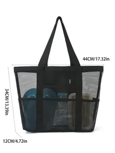 Large capacity black mesh beach bag, multi-functional travel shoulder swim tote bag for women.