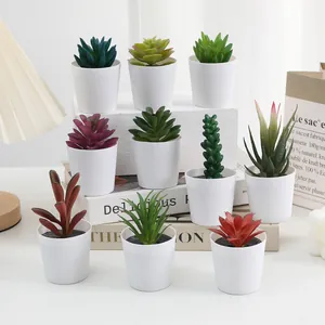Artificial succulent plants potted set, small fake greenery in white pots for home decor.