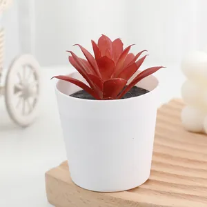 Artificial succulent potted plant for home decor, small fake plant in white plastic pot.