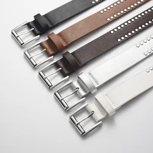 Punk style rivet leather belt for women, multi-color decorative waist belt with pin buckle.