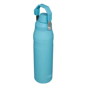 Stainless steel insulated water bottle detail shot, cyan portable sports travel flask.