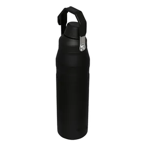 Black insulated stainless steel water bottle with portable handle, ideal for sports and travel.