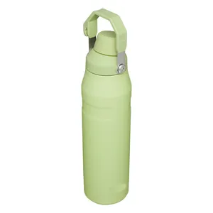 Stainless steel insulated sports water bottle with folding handle for outdoor travel.