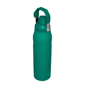 Green stainless steel insulated sports water bottle with portable folding handle for travel.