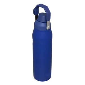 Close-up detail view of the blue stainless steel portable handle design water bottle.