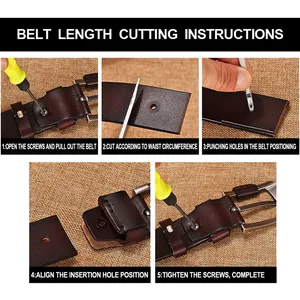 Detailed instructions showing belt length cutting, screw removal, and hole punching steps.
