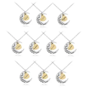 Details of love you to the moon and back crescent moon heart pendant necklace family set.