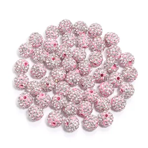 Pink Shamballa clay rhinestone beads, straight hole DIY bracelet jewelry making loose beads.