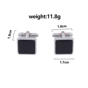 Elegant simple square black alloy cufflinks featuring metal frame and precise size and weight details.