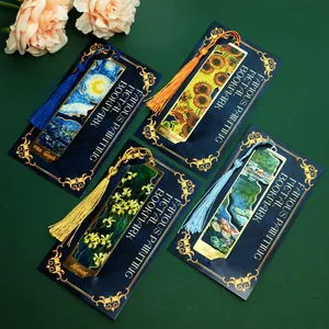 Set of four vintage famous painting metal bookmarks with tassels, hollow reading page clips.