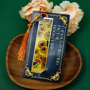 Vintage van gogh sunflower metal bookmark with tassel and card, elegant reading page marker.