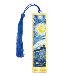 Metal bookmark with blue tassel featuring famous oil painting design for reading and page turning.