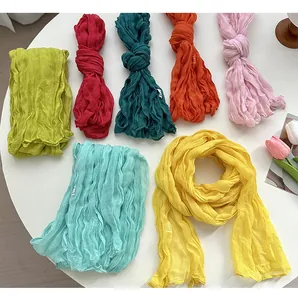Women candy color crinkle long scarf solid pleated lightweight fashion neck wrap accessory