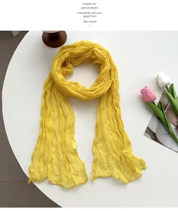 Women yellow crinkled ribbon scarf elegant plain long fashion neck wrap casual accessory