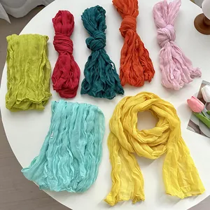 Candy color crinkled long scarf for women, lightweight soft ribbon silk neck wrap daily wear.