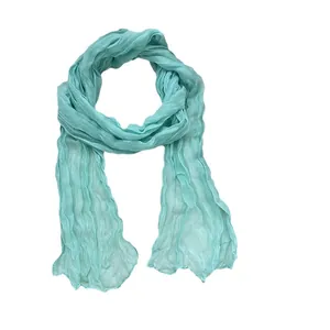 Mint green crinkled scarf for women, lightweight long ribbon silk scarf for daily wear.