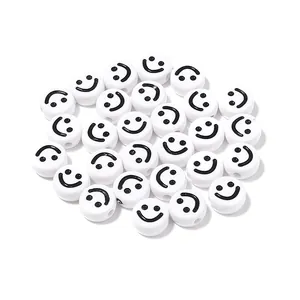 100pcs acrylic flat round smiley face beads black and white DIY jewelry making supplies
